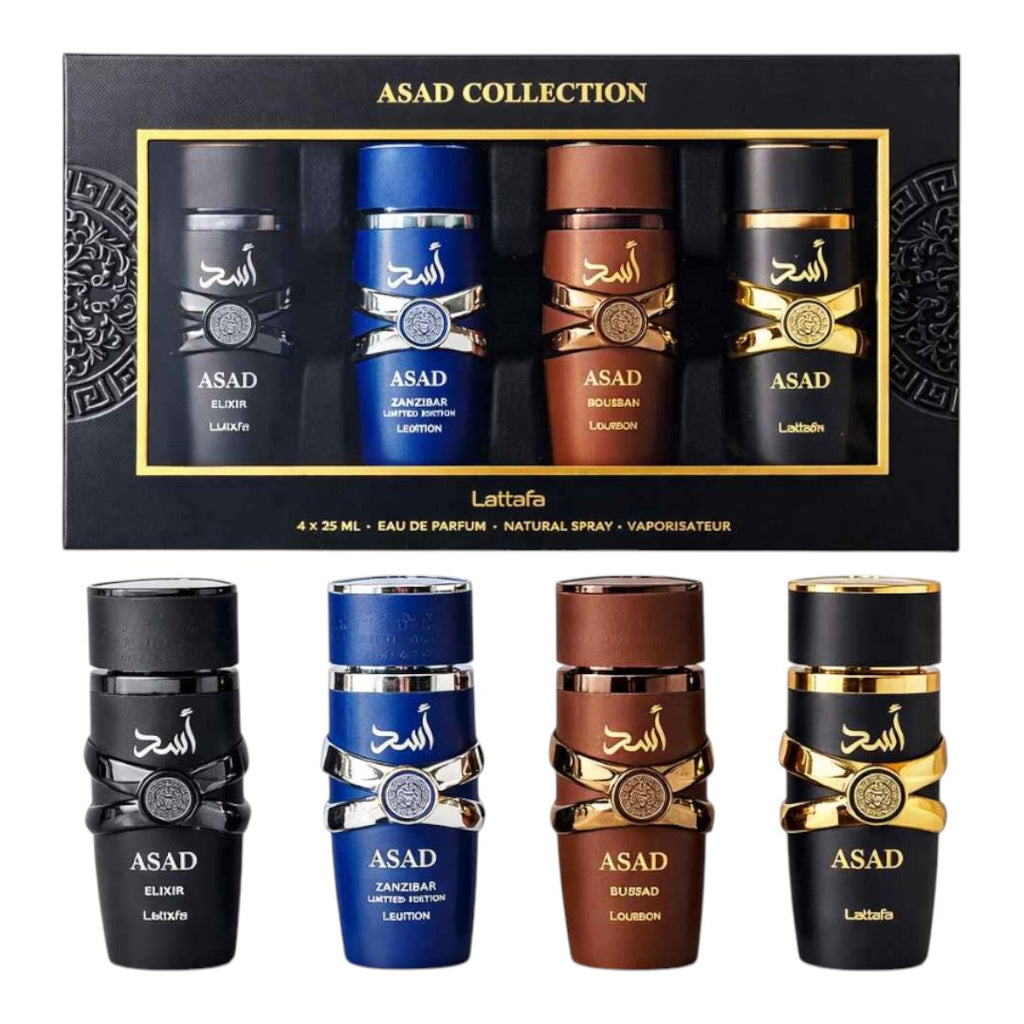 LATTAFA ASAD COLLECTION SET ELIXIR-ZANZIBAR-BOURBON-ASAD 4 PIEZAS 25 ML