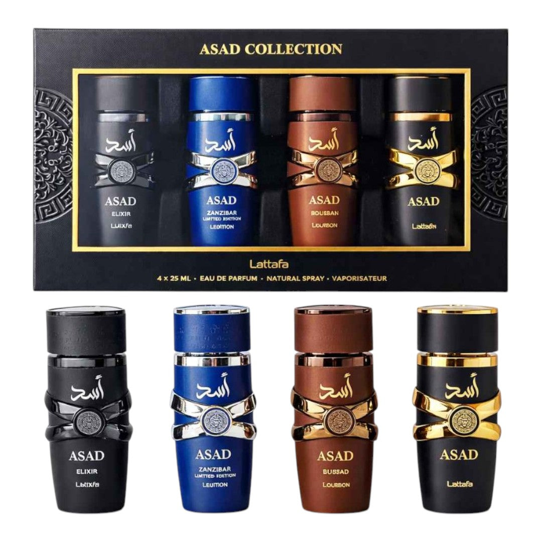 LATTAFA ASAD COLLECTION SET ELIXIR-ZANZIBAR-BOURBON-ASAD 4 PIEZAS 25 ML
